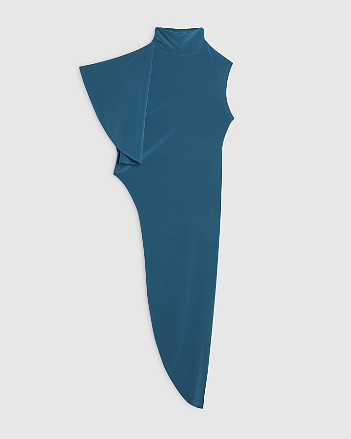 Blue High Neck Asymmetric Longline Top