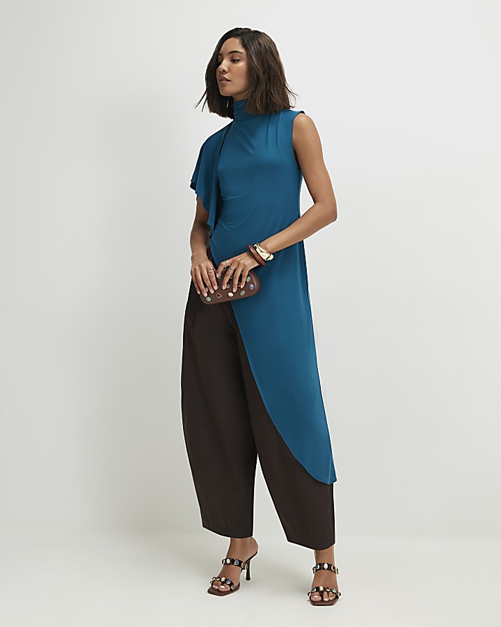 Blue High Neck Asymmetric Longline Top