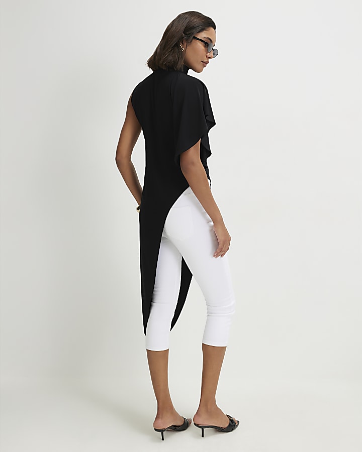 Black High Neck Asymmetric Longline Top