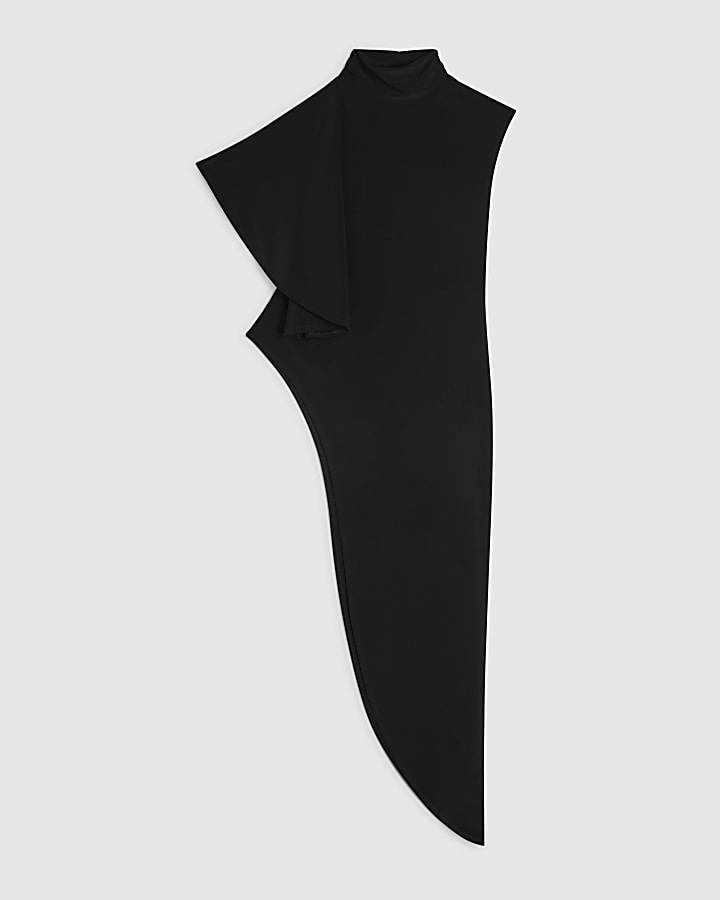 Black High Neck Asymmetric Longline Top