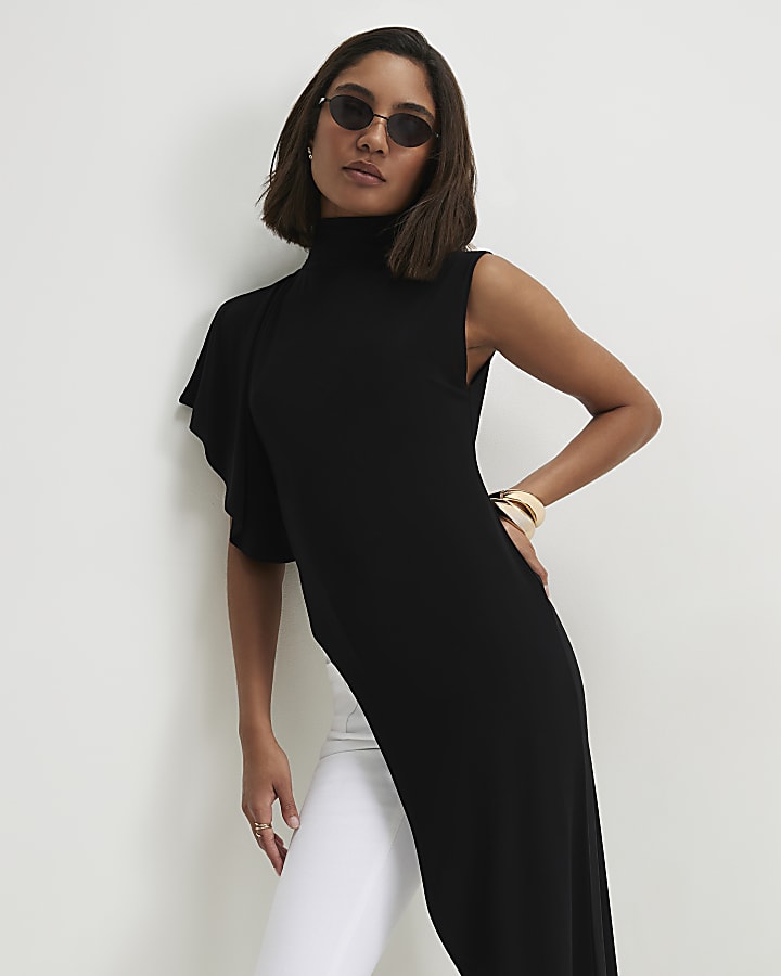 Black High Neck Asymmetric Longline Top
