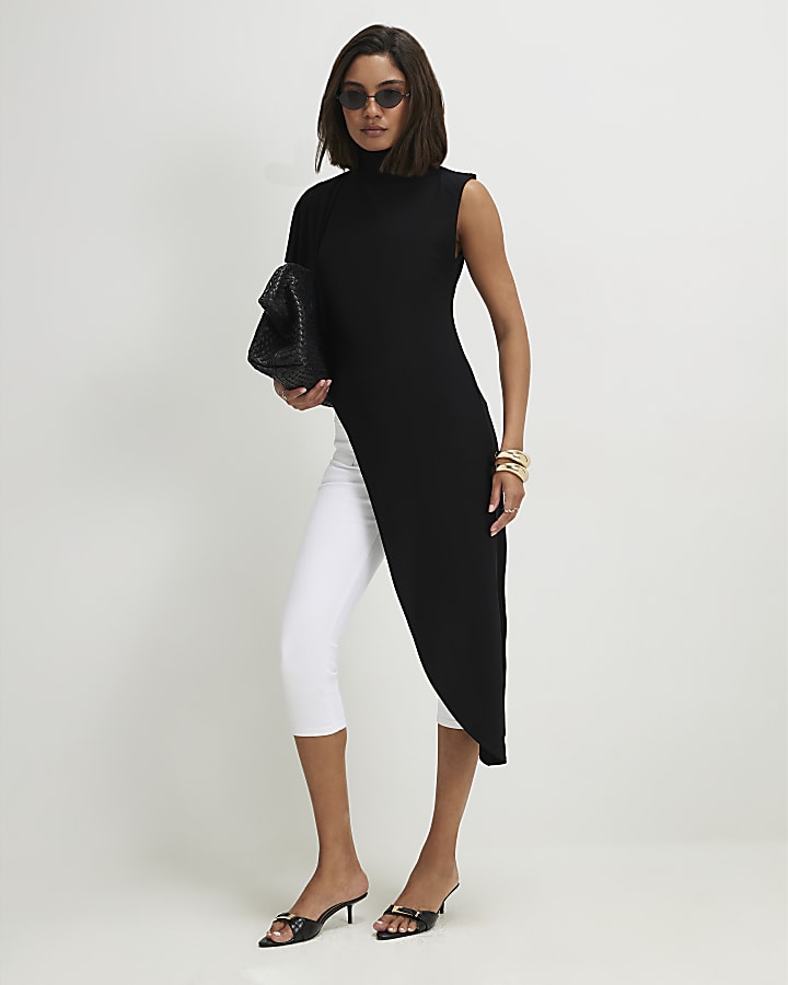 Black High Neck Asymmetric Longline Top