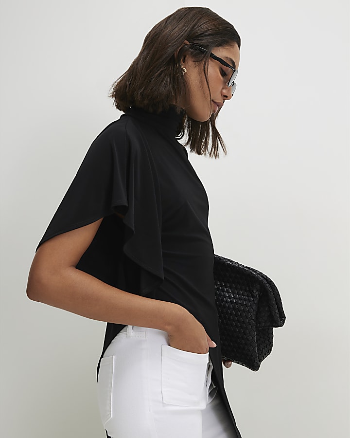 Black High Neck Asymmetric Longline Top