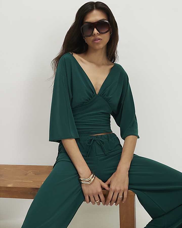 Green Short Sleeve Plunge Neckline Top