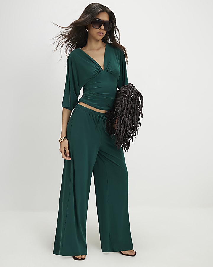 Green Short Sleeve Plunge Neckline Top