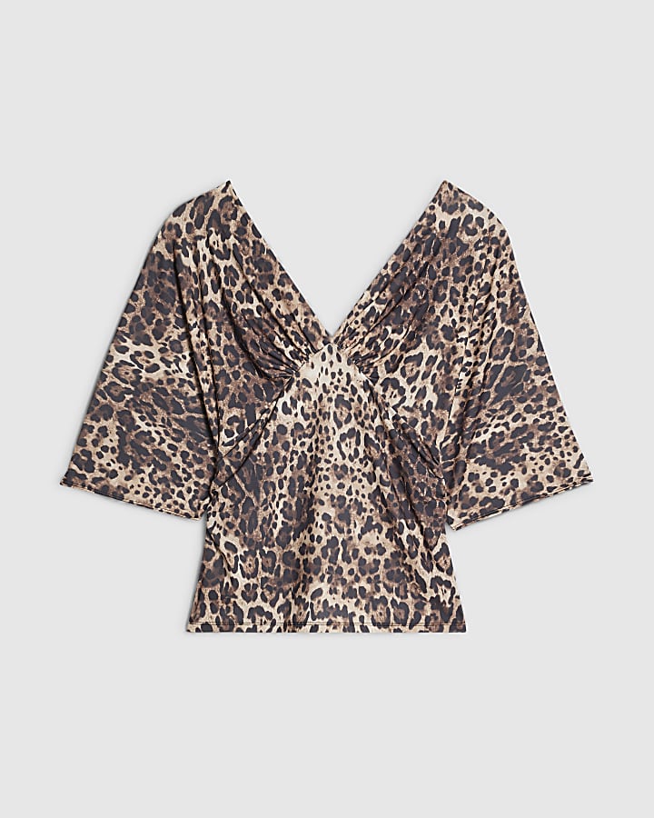 Brown Short Sleeve Leopard Print Top