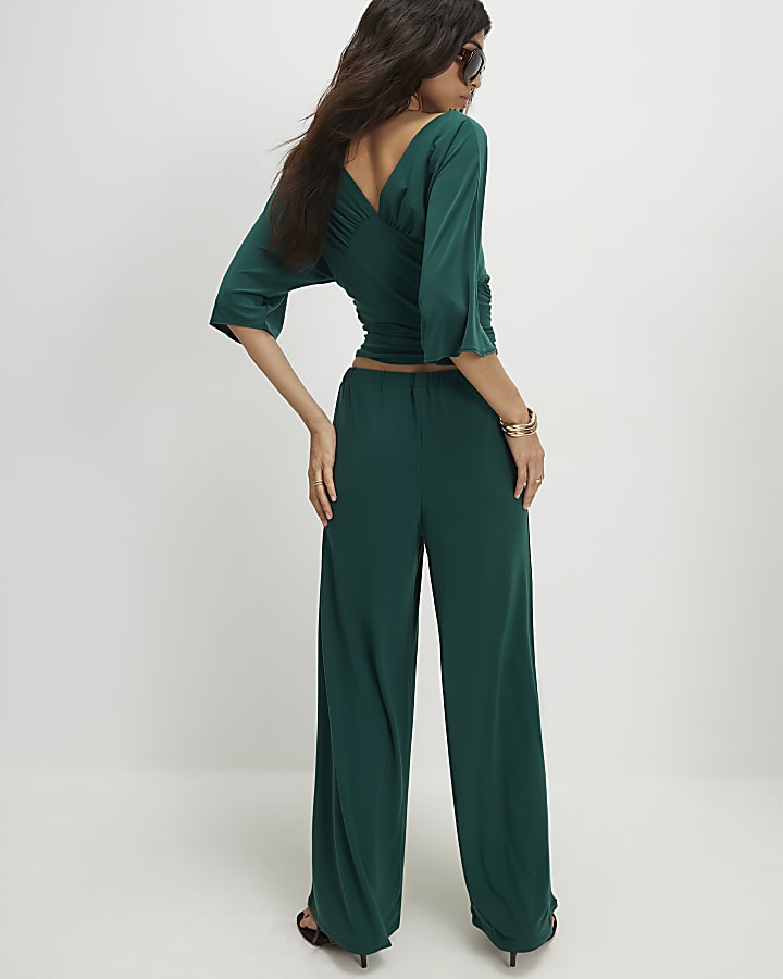 Green Drawstring Wide Leg Trousers
