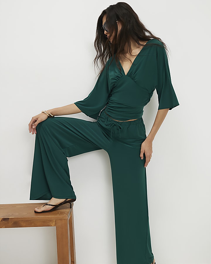 Green Drawstring Wide Leg Trousers