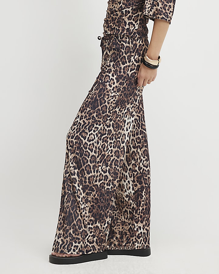 Brown Leopard Print Wide Leg Trousers
