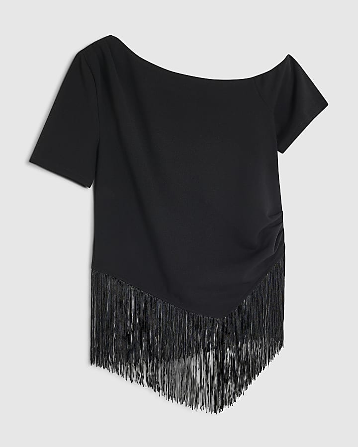 Black Asymmetric Fringe Drape Top