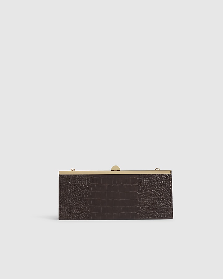 Brown Croc Embossed East West Clutch Bag