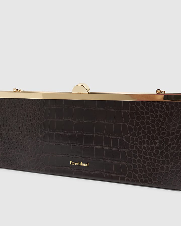 Brown Croc Embossed East West Clutch Bag