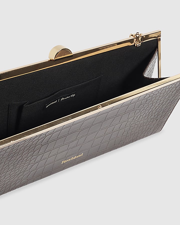 Brown Croc Embossed East West Clutch Bag