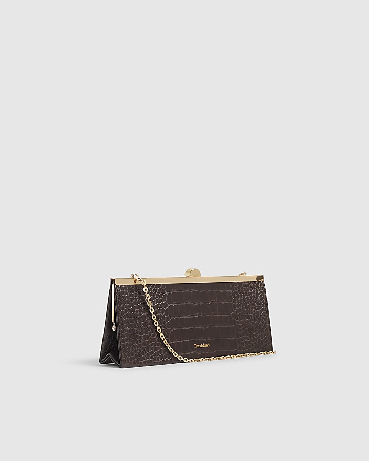 Brown Croc Embossed East West Clutch Bag