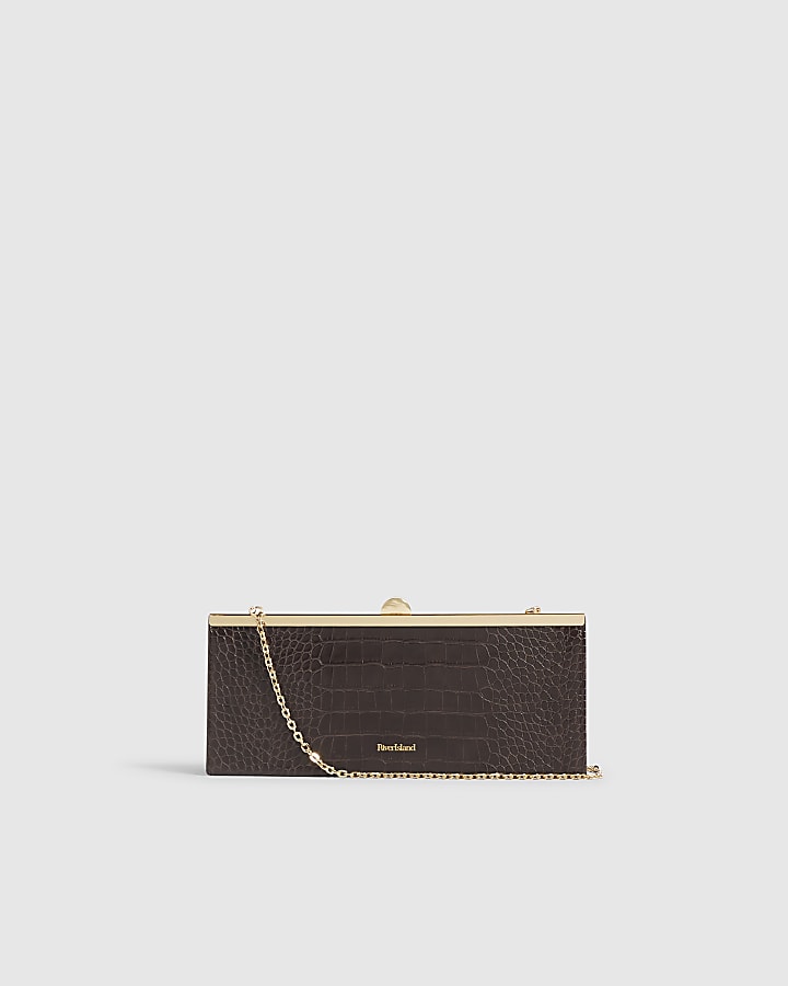 Brown Croc Embossed East West Clutch Bag