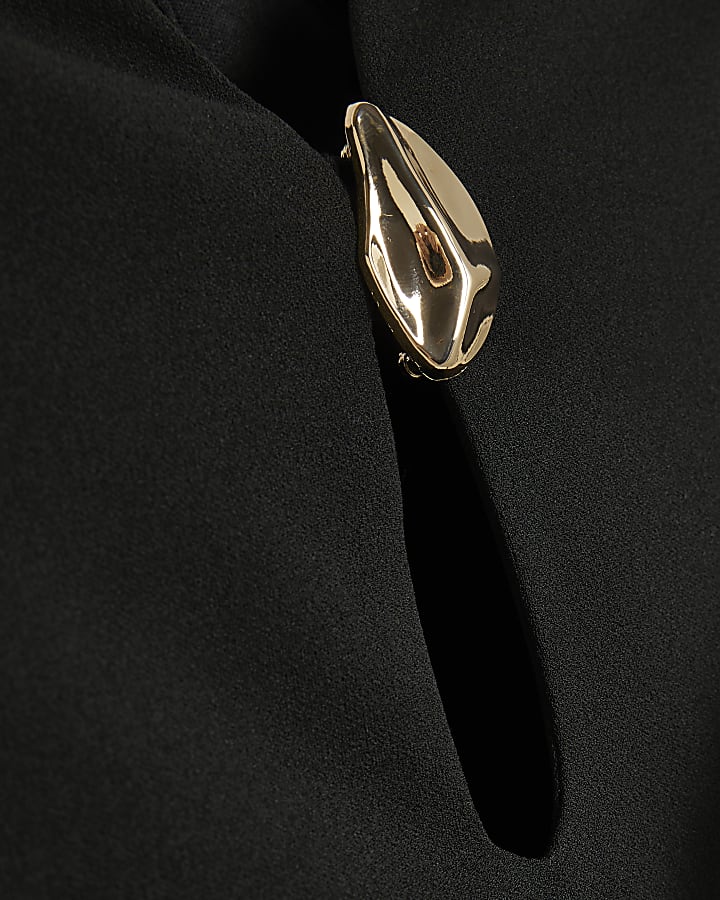 Black Plunge Neck Hardware Trim Mini Dress