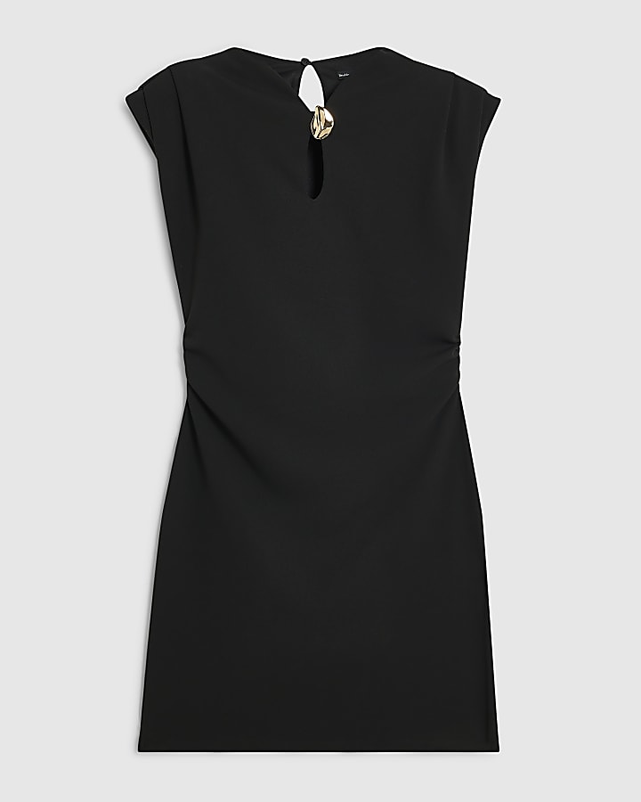 Black Plunge Neck Hardware Trim Mini Dress