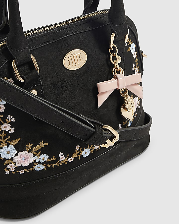 Black Floral Embroidered Faux Suede Bag