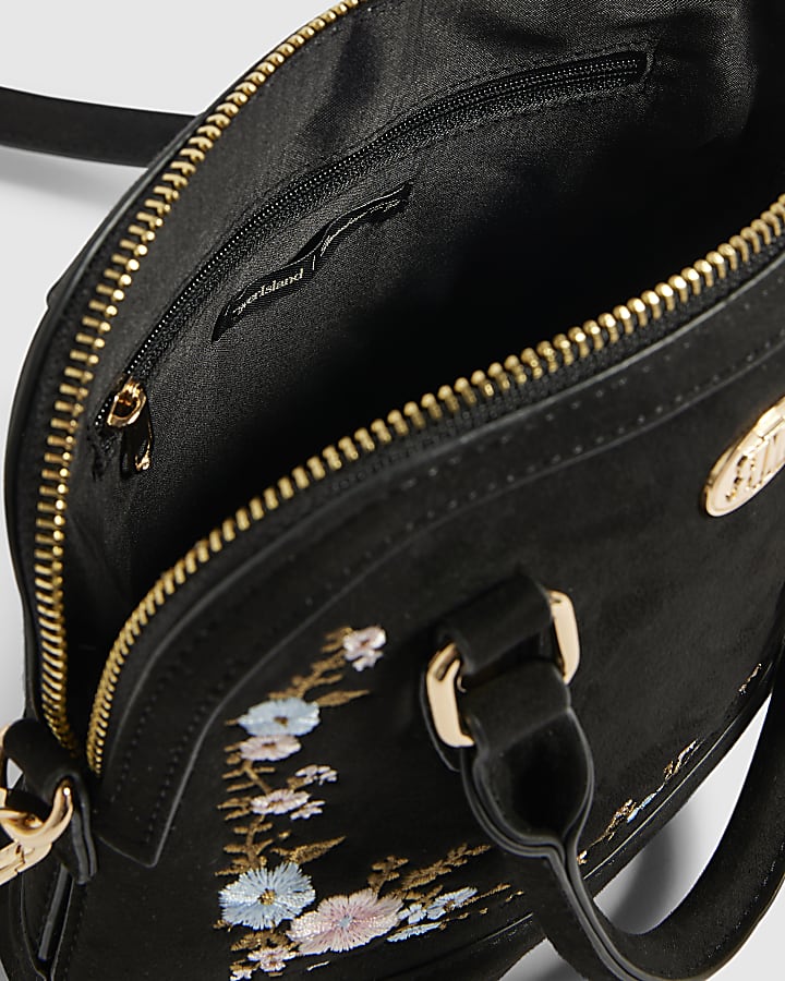 Black Floral Embroidered Faux Suede Bag