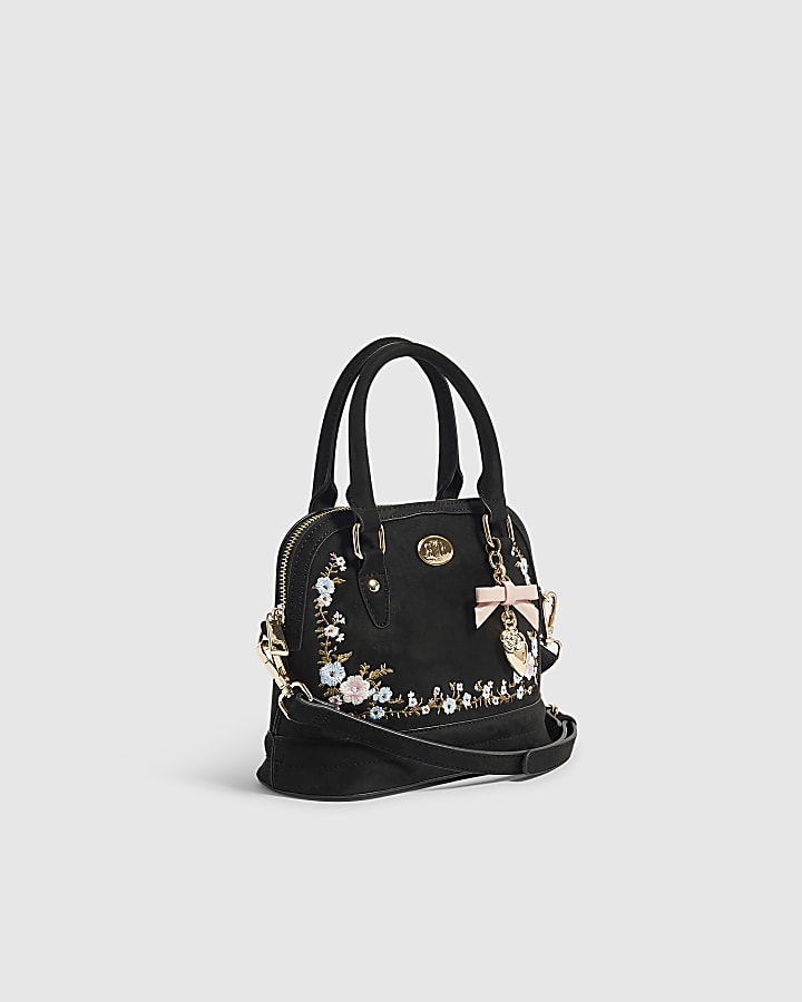 Black Floral Embroidered Faux Suede Bag
