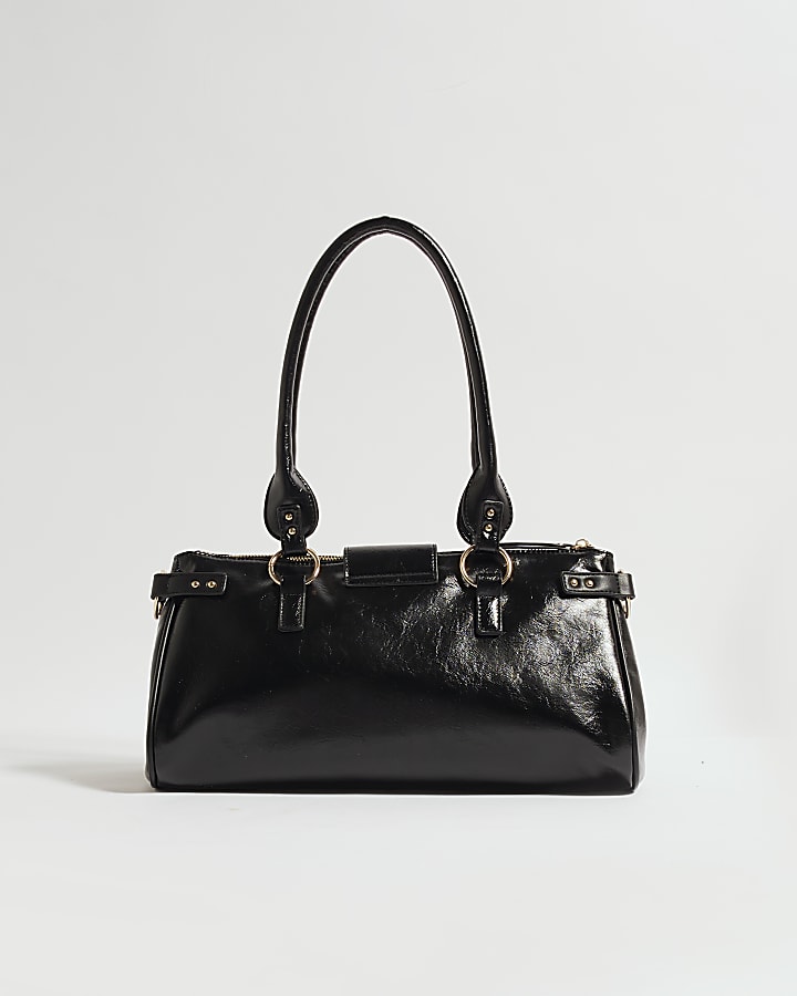 Black Buckle Front Charm Tote Bag