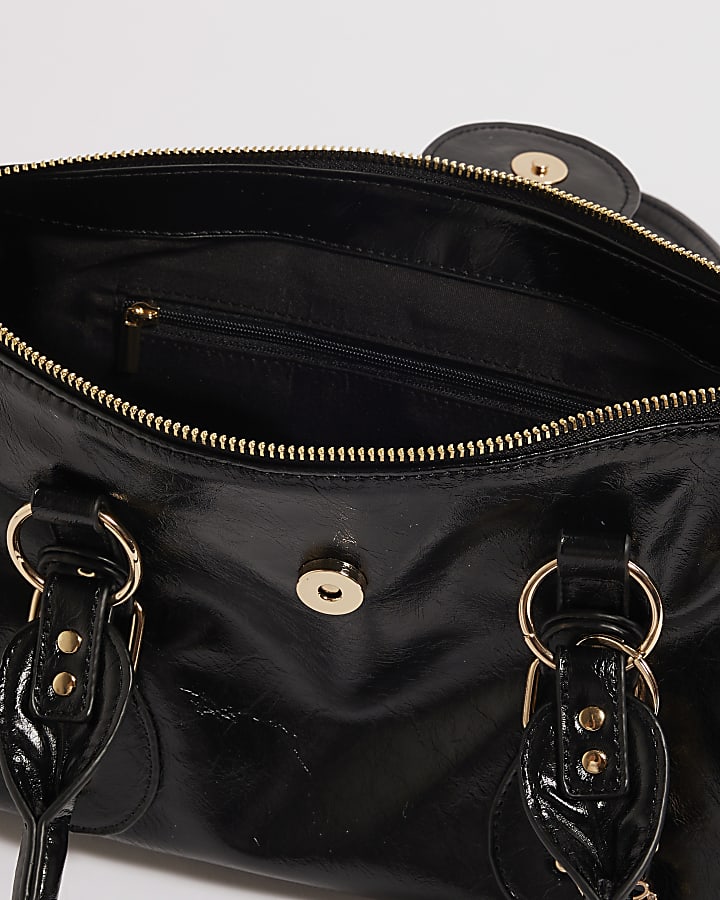 Black Buckle Front Charm Tote Bag