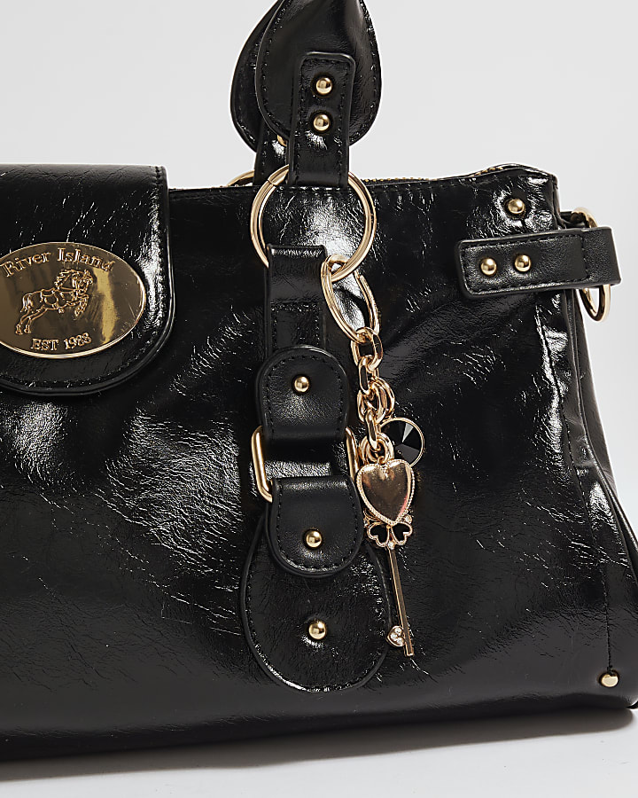 Black Buckle Front Charm Tote Bag