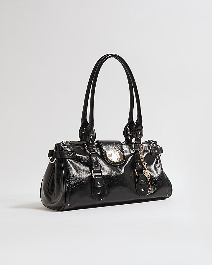 Black Buckle Front Charm Tote Bag