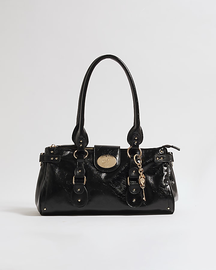 Black Buckle Front Charm Tote Bag