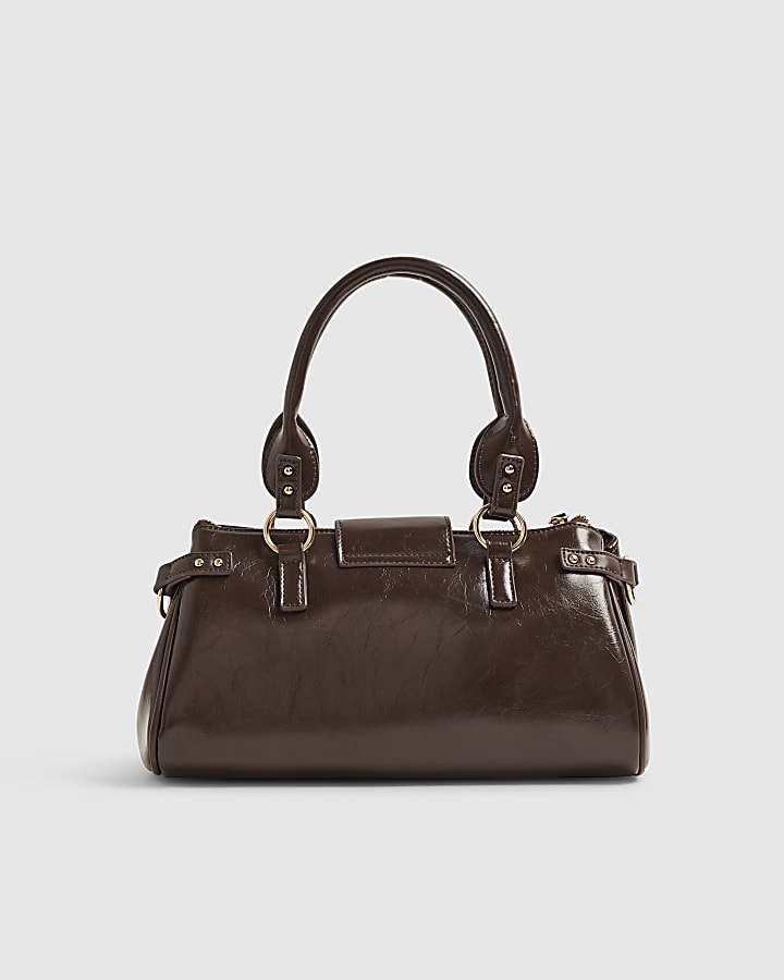 Brown Buckle Front Charm Tote Bag