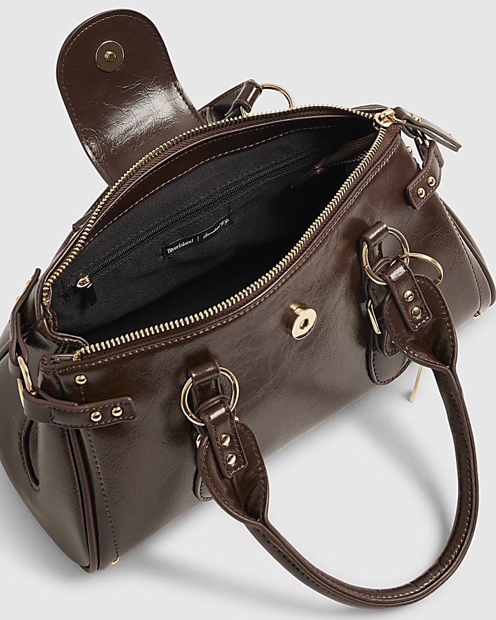 Brown Buckle Front Charm Tote Bag