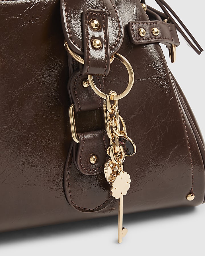Brown Buckle Front Charm Tote Bag