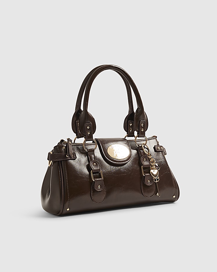 Brown Buckle Front Charm Tote Bag