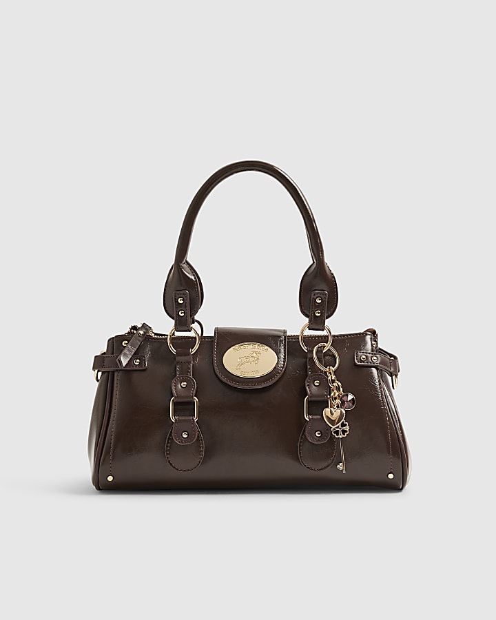Brown Buckle Front Charm Tote Bag