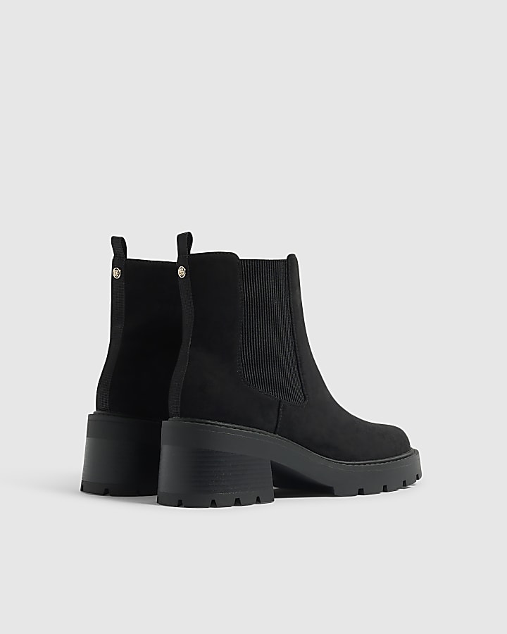 Black Faux Suede Cleated Sole Chelsea Boots