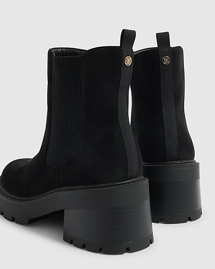Black Faux Suede Cleated Sole Chelsea Boots