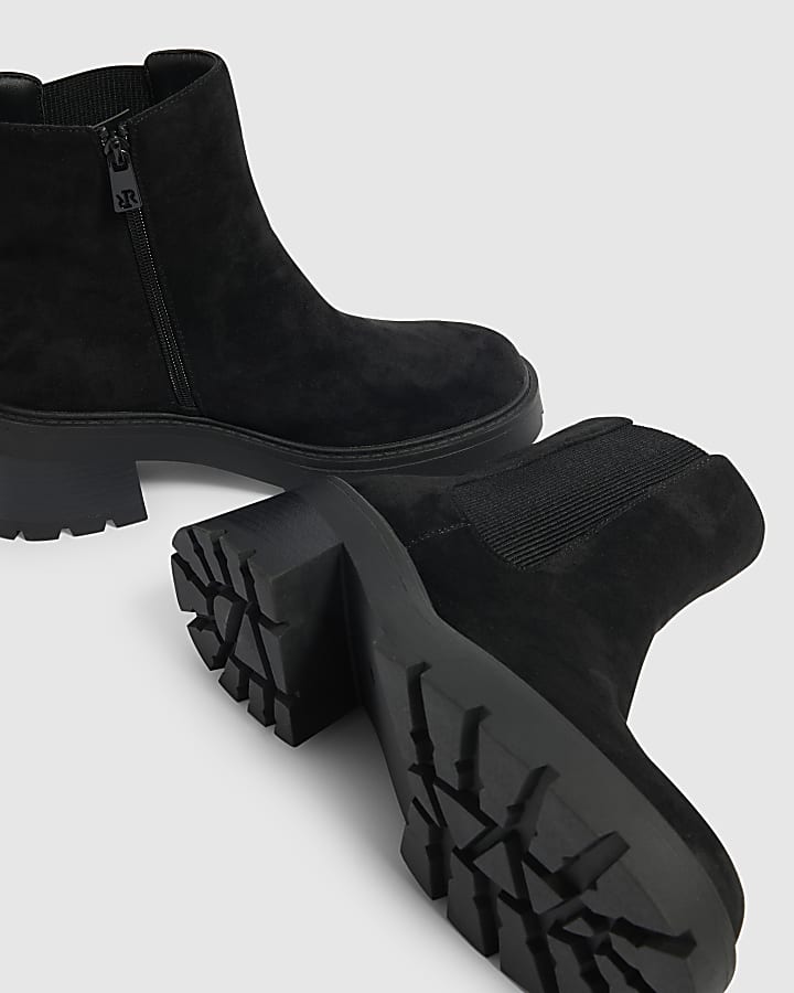 Black Faux Suede Cleated Sole Chelsea Boots