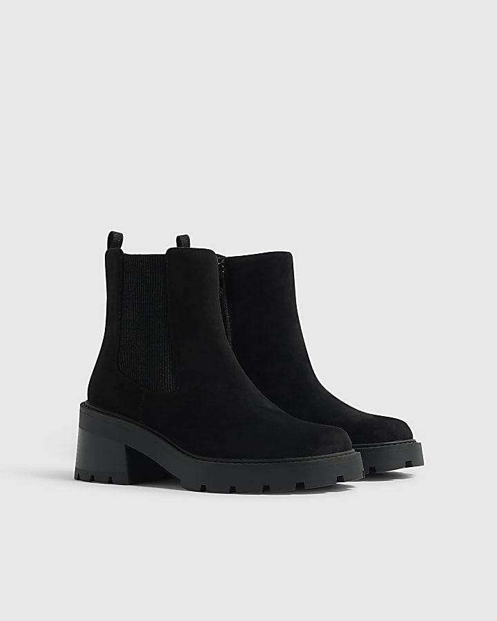 Black Faux Suede Cleated Sole Chelsea Boots