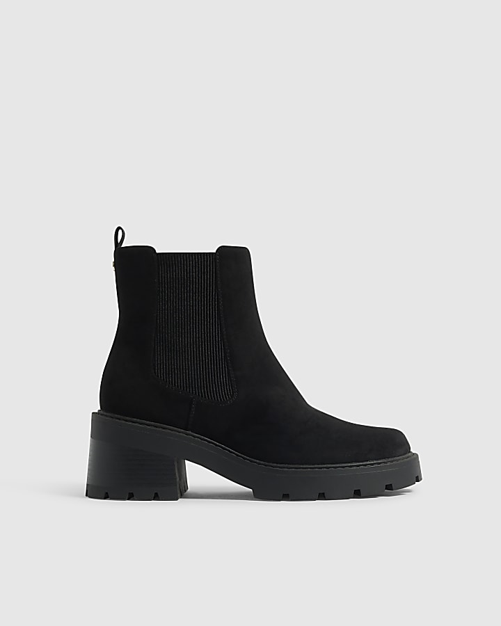 Black Faux Suede Cleated Sole Chelsea Boots