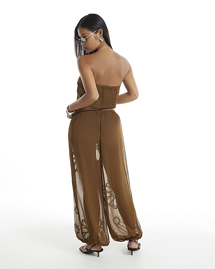 Petite Khaki Embellished Sheer Cuff Trousers