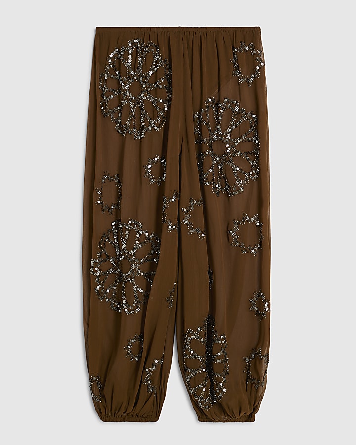 Petite Khaki Embellished Sheer Cuff Trousers