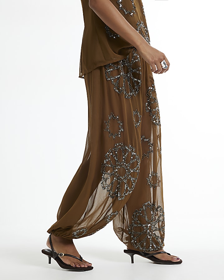 Petite Khaki Embellished Sheer Cuff Trousers