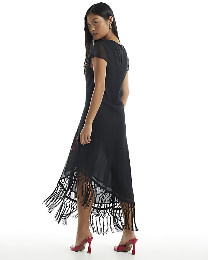 Petite Black Floral Fringed Dress