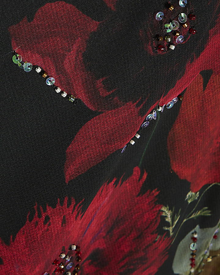 Petite Black Floral Fringed Dress