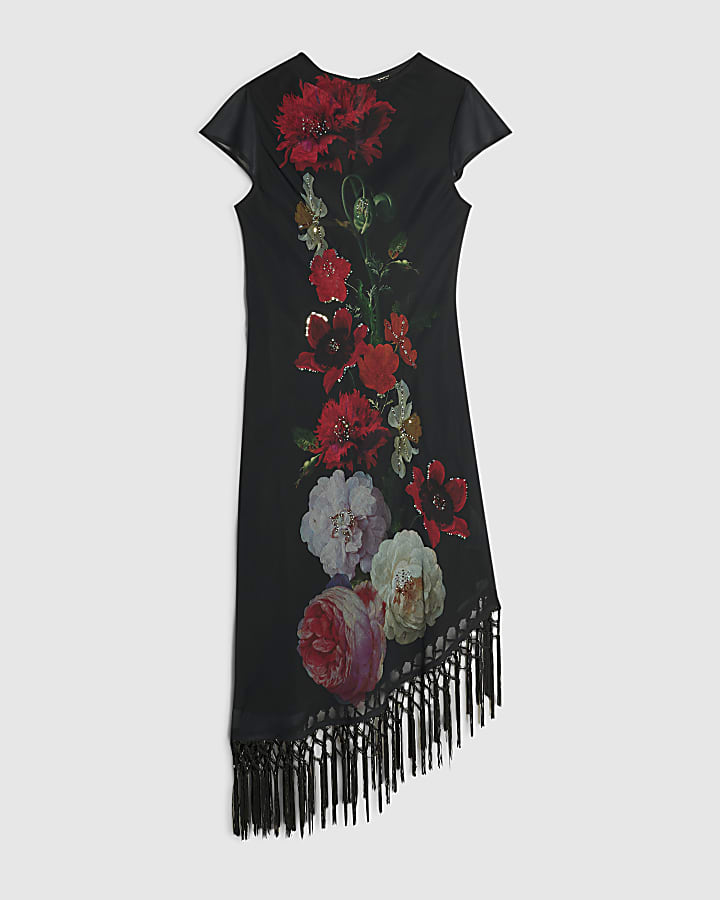 Petite Black Floral Fringed Dress