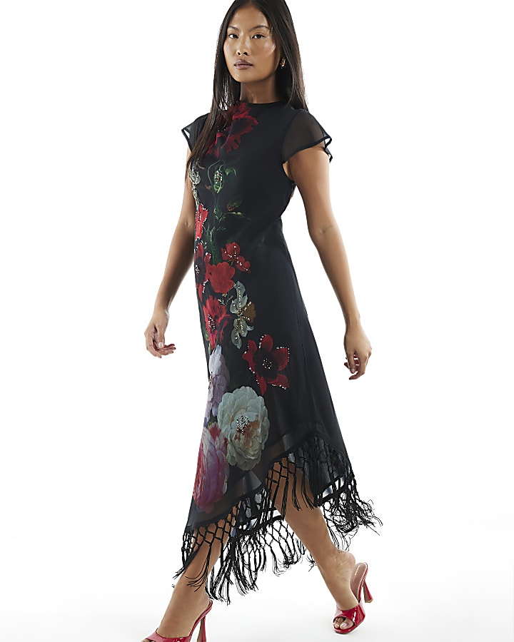Petite Black Floral Fringed Dress