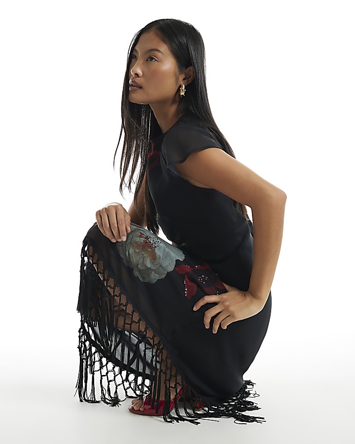 Petite Black Floral Fringed Dress