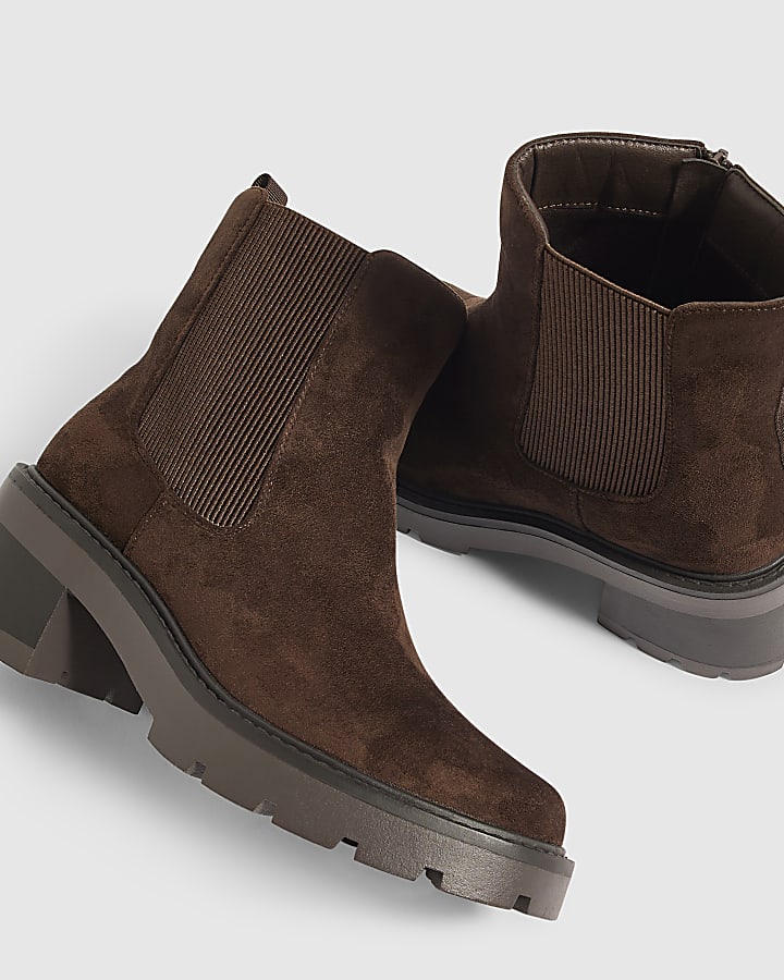 Brown Faux Suede Chunky Cleated Chelsea Boots