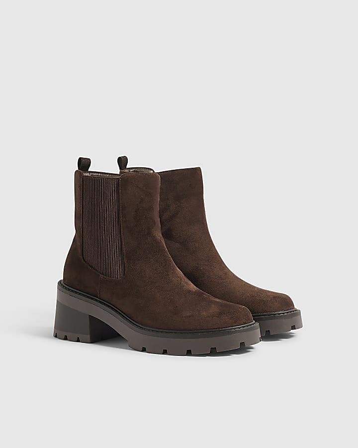 Brown Faux Suede Chunky Cleated Chelsea Boots
