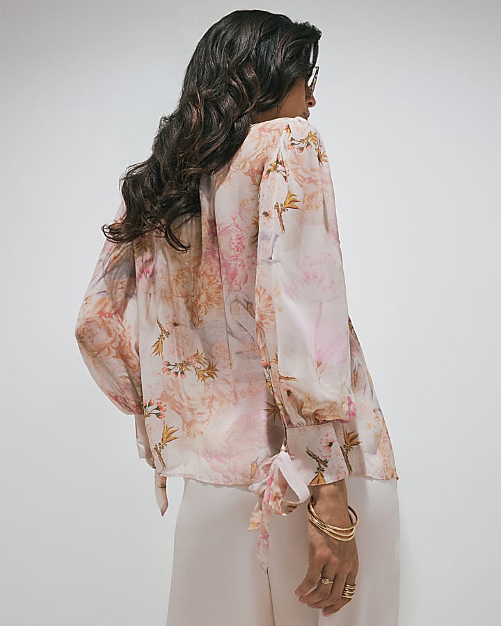 Pink Floral Swan Ruffle Blouse